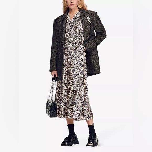 🆕 SANDRO Enrika Paisly -Print Silk Midi Multicolore Floral Wrap Belted Dress💃 - Picture 8 of 12